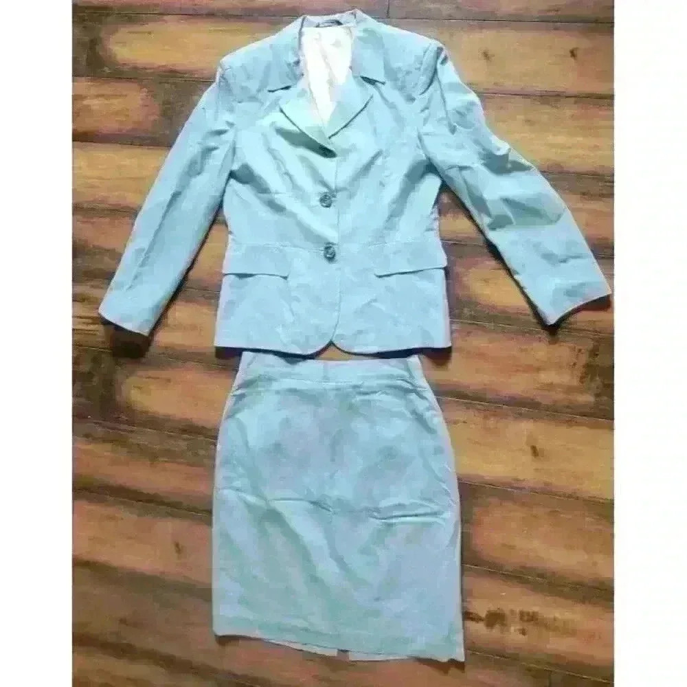 Bocchese Women's Suit Made In Italy 39 Green Silk Blend Blazer Skirt Vintage - Picture 2 of 16